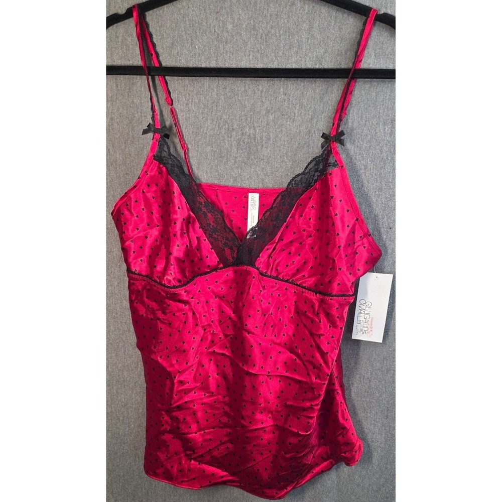 NEW Gilligan & O'Malley Top Camisole Large Red Black Hearts Lace Trim Satiny
